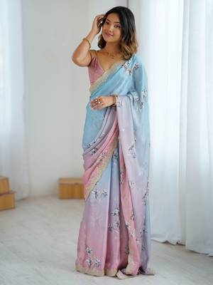 Sky-peach color beautiful satin chiffon fabric beautiful stylish saree 1