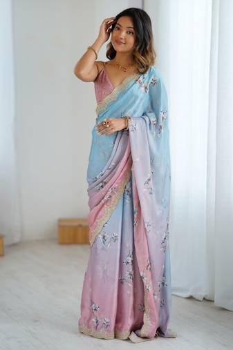 Sky-peach color beautiful satin chiffon fabric beautiful stylish saree