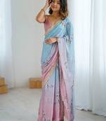 Sky-peach color beautiful satin chiffon fabric beautiful stylish saree