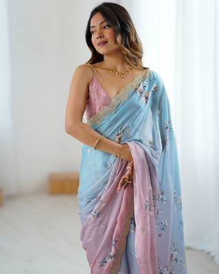 Sky-peach color beautiful satin chiffon fabric beautiful stylish saree 3