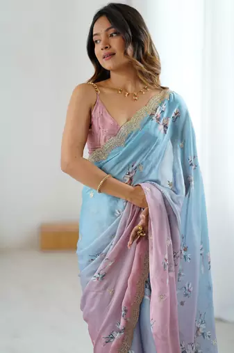 Sky-peach satin chiffon stylish saree