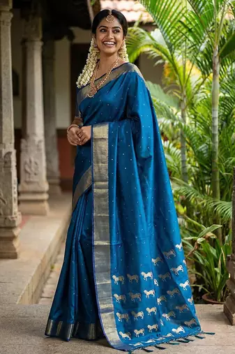 Royal blue color soft silk fabric woven designer saree for ethnic looks