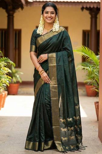 Bottele green color soft silk fabric woven designer saree for ethnic looks