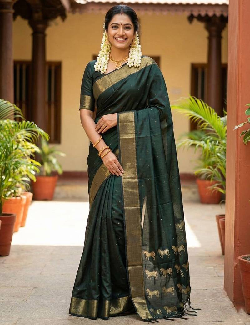 Bottele green color soft silk fabric woven designer saree for ethnic looks