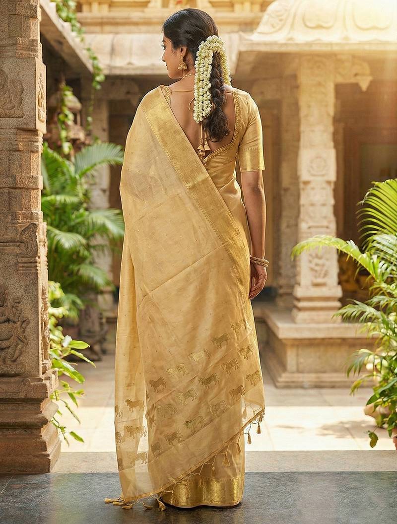 Beige color soft silk fabric woven designer saree for ethnic looks