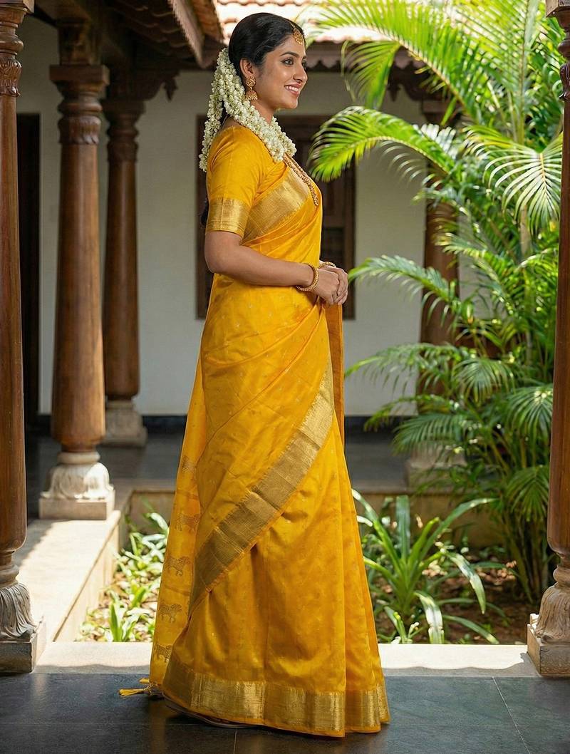 Yellow color soft silk fabric woven designer saree for ethnic looks