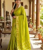 Parrot green color soft silk fabric woven designer saree for ethnic looks