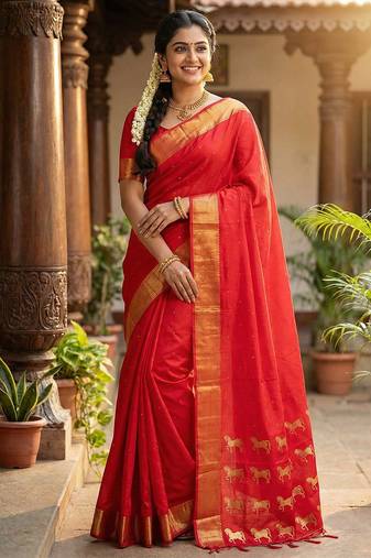 Red color soft silk fabric woven designer saree for ethnic looks