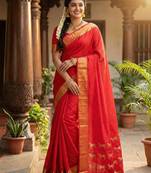 Red color soft silk fabric woven designer saree for ethnic looks