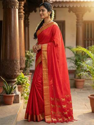 Red soft silk blend woven saree ethnic looks 2