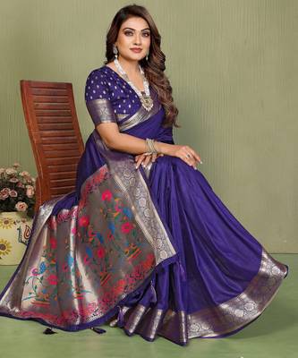 Violet paithani silk blend paithani woven gala saree 4