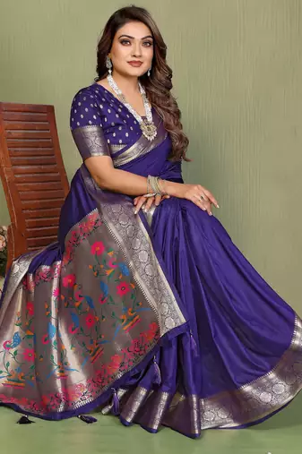 Violet paithani silk blend paithani woven gala saree