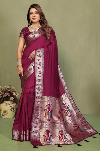 Wine color paithani silk fabric paithani woven gala designer saree