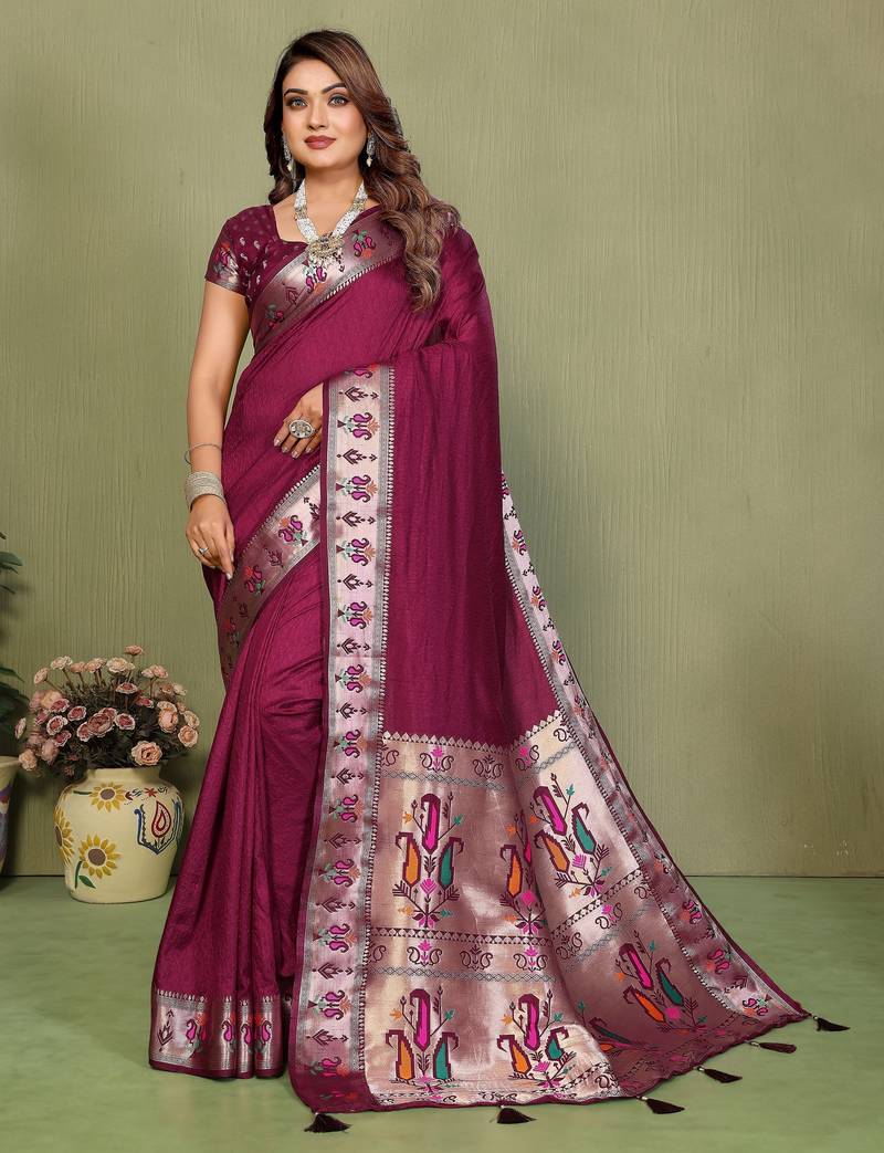 Wine color paithani silk fabric paithani woven gala designer saree