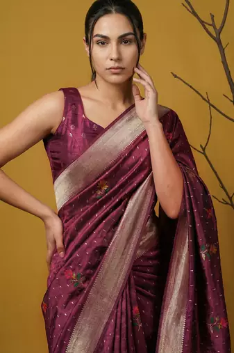 soft organza meenakari woven saree with jamdani zari pallu and brocade blouse