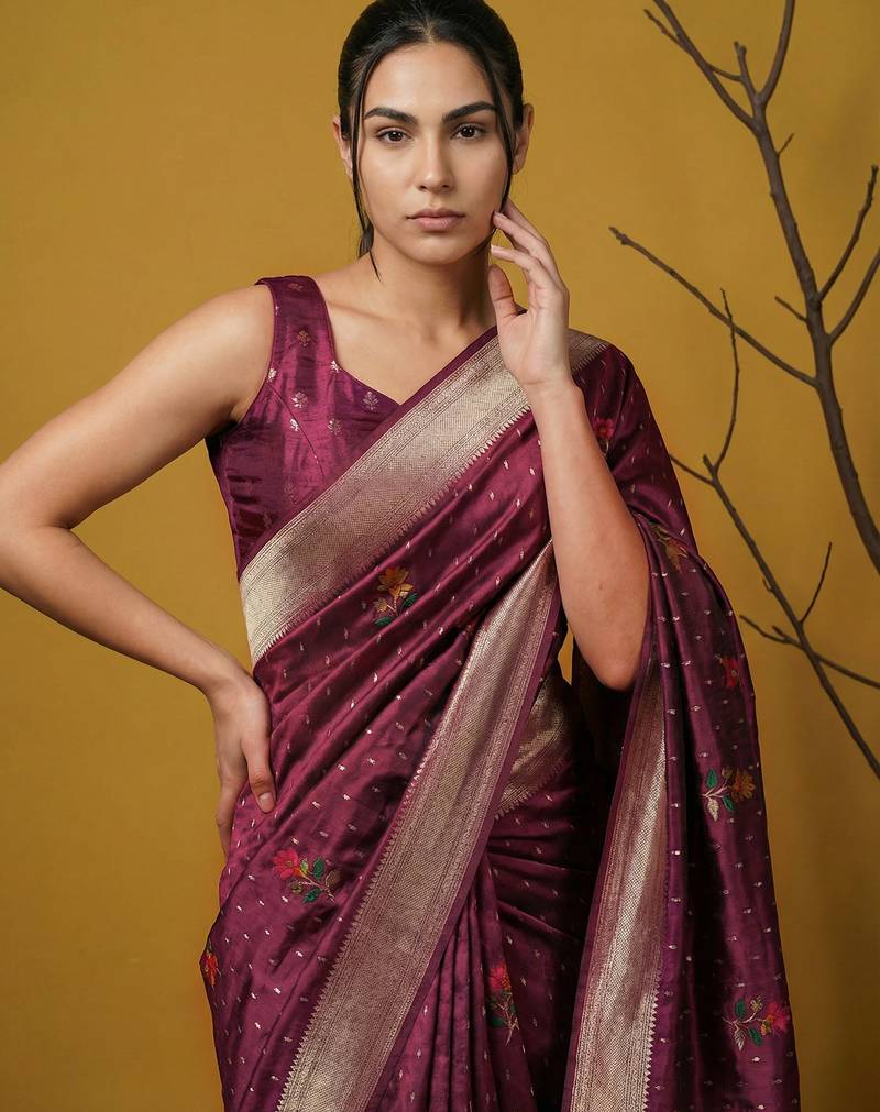 soft organza meenakari woven saree with jamdani zari pallu and brocade blouse