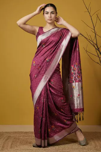 soft organza meenakari woven saree with jamdani zari pallu and brocade blouse