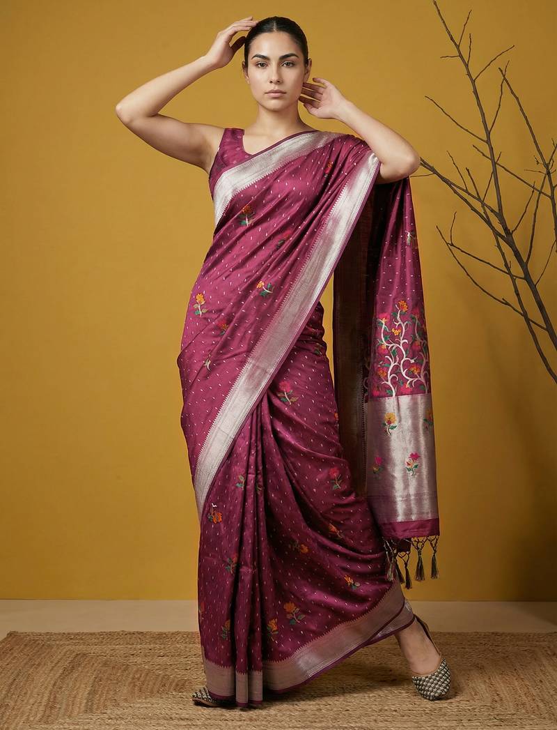 soft organza meenakari woven saree with jamdani zari pallu and brocade blouse