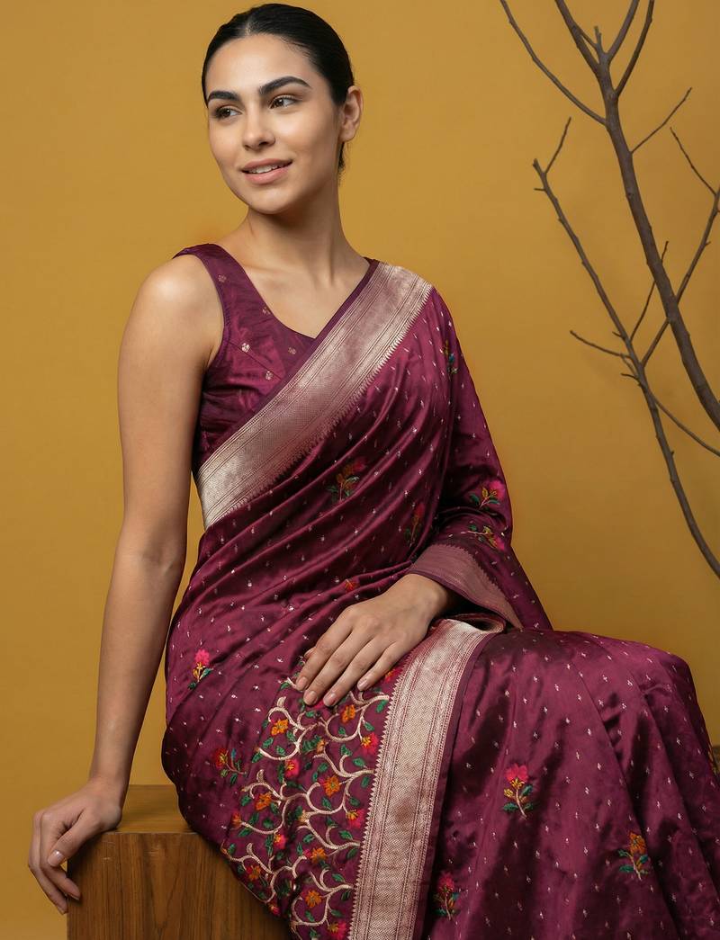 soft organza meenakari woven saree with jamdani zari pallu and brocade blouse