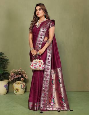 Wine paithani silk blend paithani woven gala saree 4