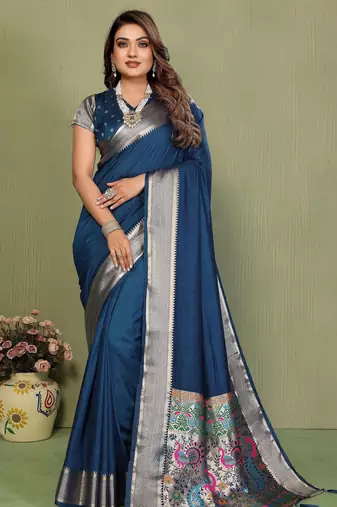 Blue color paithani silk fabric paithani woven gala designer saree
