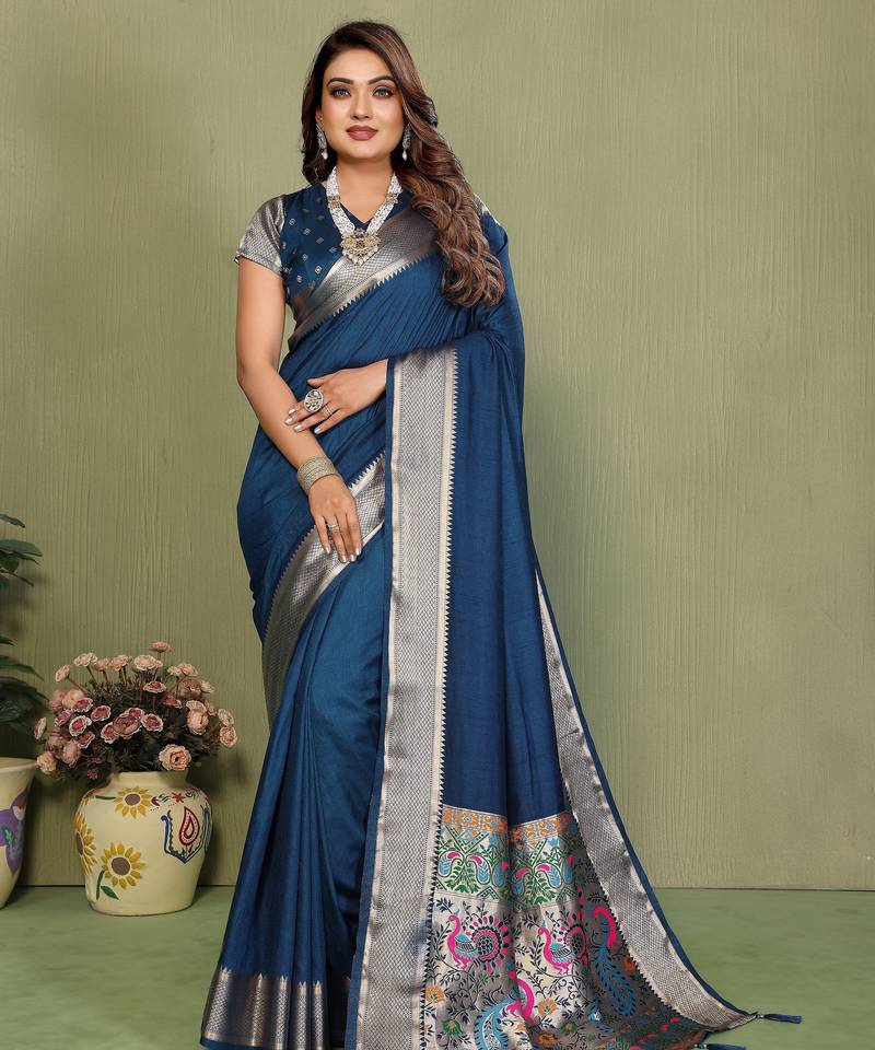 Blue color paithani silk fabric paithani woven gala designer saree