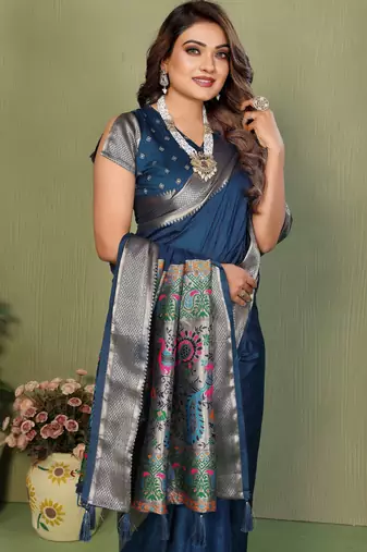 Blue paithani silk blend paithani woven gala saree