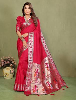 Pink paithani silk blend paithani woven gala saree 1