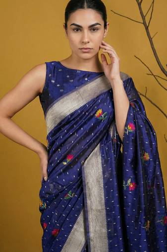 soft organza meenakari woven saree with jamdani zari pallu and brocade blouse