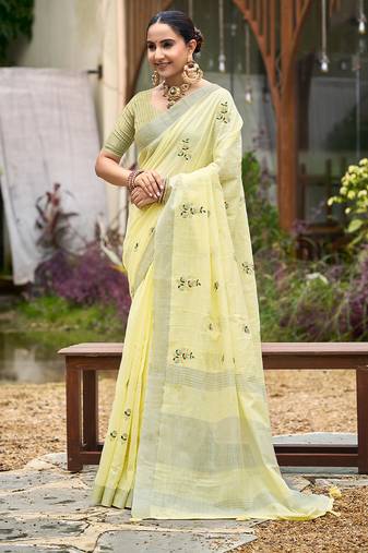 Yellow color beautiful linen fabric sophisticated ethnic saree