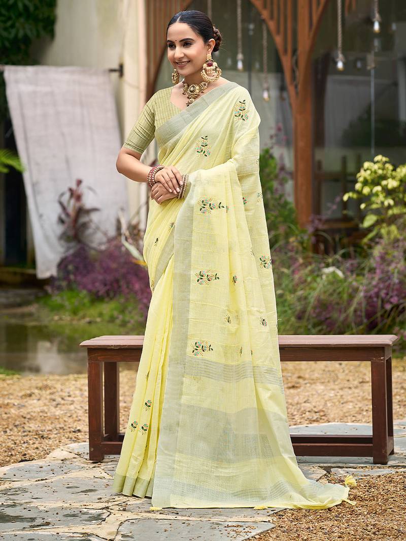 Yellow color beautiful linen fabric sophisticated ethnic saree