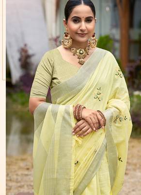 Yellow linen sophisticated ethnic saree 2