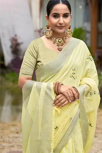 Yellow linen sophisticated ethnic saree
