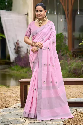 Baby pink color beautiful linen fabric sophisticated ethnic saree