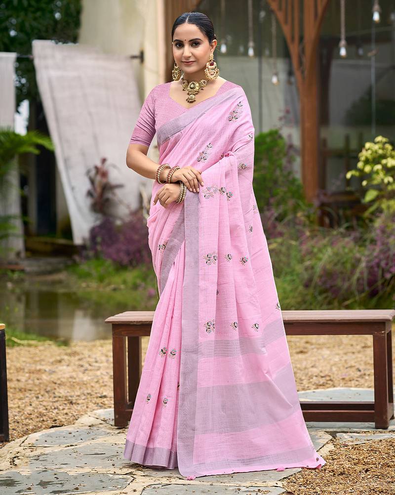 Baby pink color beautiful linen fabric sophisticated ethnic saree