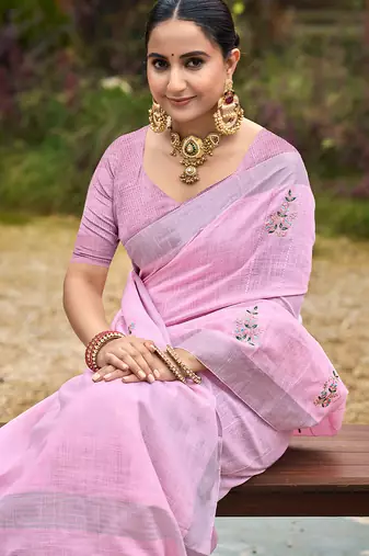 Baby pink linen sophisticated ethnic saree