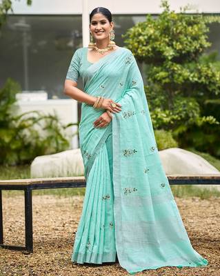 Turquoise linen sophisticated ethnic saree 1