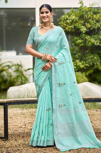 Turquoise color beautiful linen fabric sophisticated ethnic saree