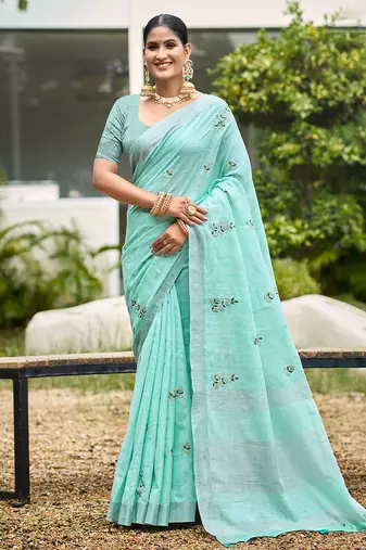 Turquoise color beautiful linen fabric sophisticated ethnic saree