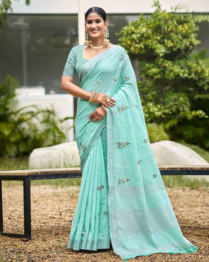 Turquoise color beautiful linen fabric sophisticated ethnic saree