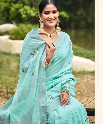 Turquoise linen sophisticated ethnic saree 2