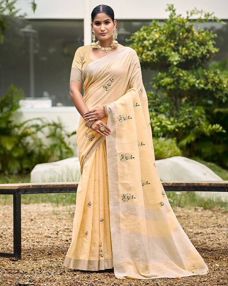 Light peach color beautiful linen fabric sophisticated ethnic saree