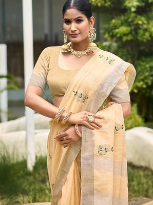 Light peach linen sophisticated ethnic saree 2