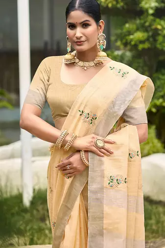 Light peach linen sophisticated ethnic saree