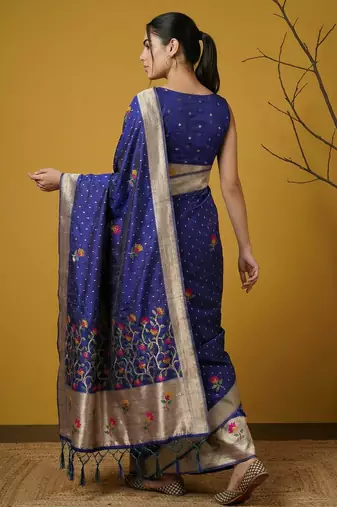 soft organza meenakari woven saree with jamdani zari pallu and brocade blouse