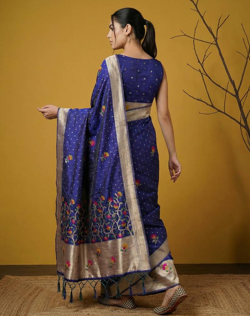 soft organza meenakari woven saree with jamdani zari pallu and brocade blouse