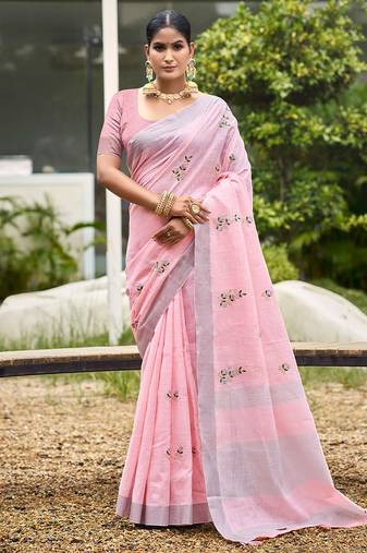 Light pink color beautiful linen fabric sophisticated ethnic saree