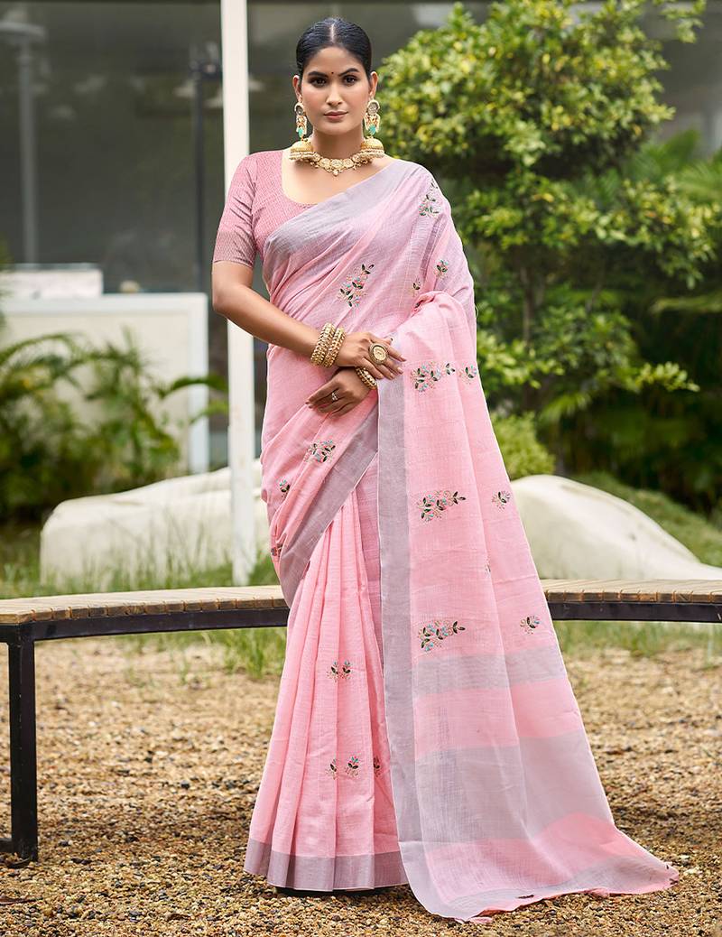 Light pink color beautiful linen fabric sophisticated ethnic saree