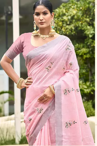 Light pink linen sophisticated ethnic saree