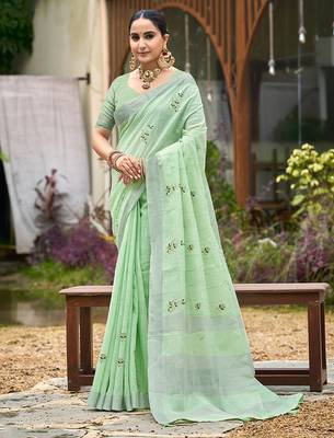 Green linen sophisticated ethnic saree 1